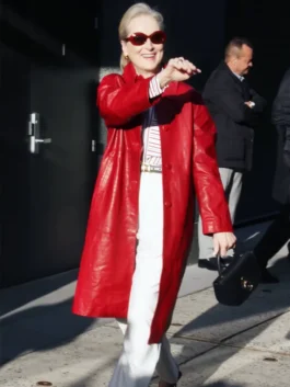 Good Morning America 2026 red leather coat with refined longline silhouette.