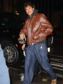 Jacob Elordi street style featuring a classic leather bomber jacket and hoodie.