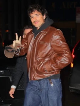 Jacob Elordi wearing a premium real leather jacket with a shirt-style collar in NYC.