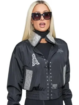Paris Hilton Black Satin Jacket with smooth celebrity-inspired street style look.