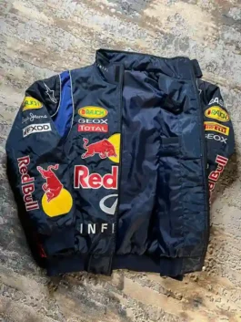 Authentic motorsport-inspired bomber jacket with multiple racing logos.