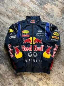 A premium racing bomber jacket featuring high-quality embroidered sponsor patches.