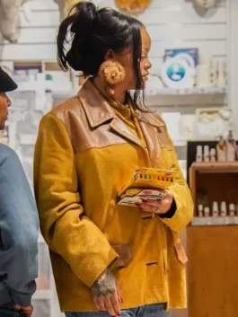 Rihanna Miu Miu Mustard Suede Jacket showing front buttons, pockets, and casual fit.