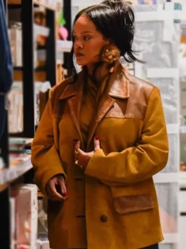 Rihanna Miu Miu Mustard Suede Jacket front view with button closure, shirt collar, and soft suede texture.