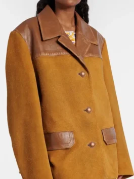 Rihanna Miu Miu Mustard Suede Jacket with shirt collar and clean mustard suede finish.