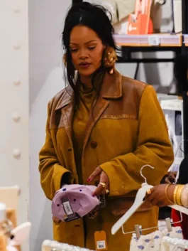 Rihanna Miu Miu Mustard Suede Jacket front view with soft texture and button closure.