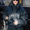 Rihanna Paris 2026 Black Oversized Leather Jacket front view with relaxed fit.