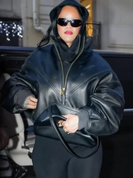Rihanna Paris 2026 Black Oversized Leather Jacket front view with relaxed fit.