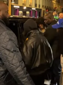 Rihanna Paris 2026 Black Oversized Leather Jacket showing oversized front design.