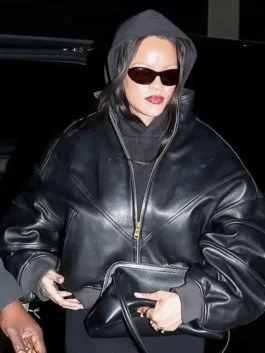 Rihanna Paris 2026 Black Oversized Leather Jacket in bold black leather style.