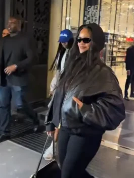 Rihanna Paris 2026 Black Oversized Leather Jacket with loose celebrity street look.