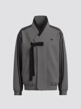 Front view of the Stray Kids x Adidas Hanbok Jacket in dark grey.