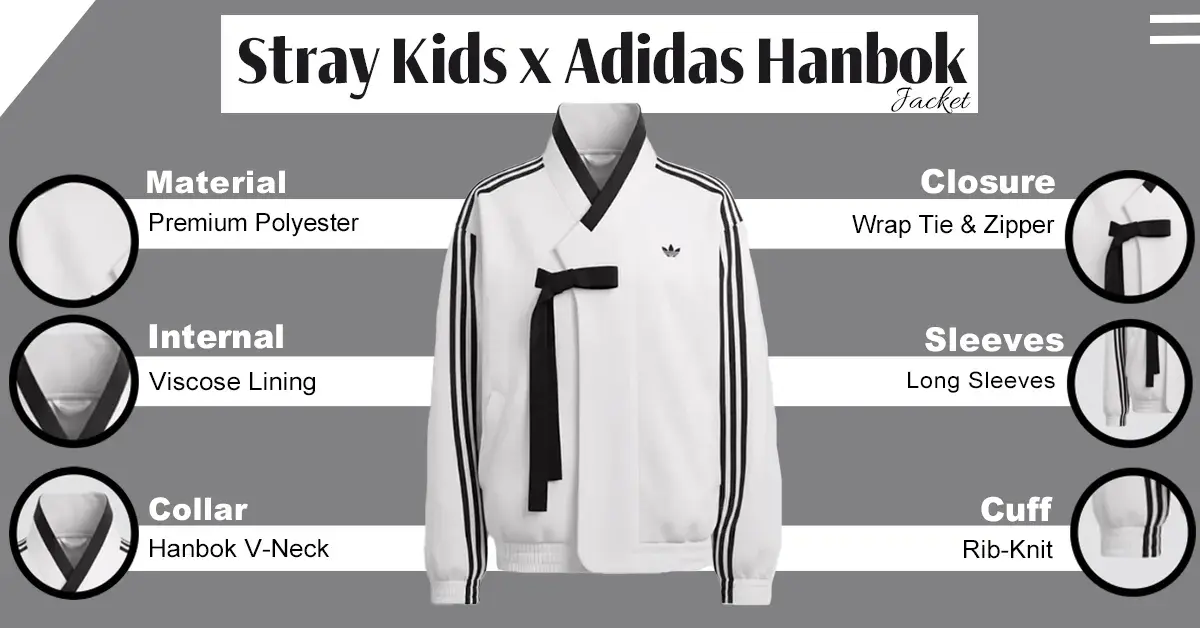 White premium polyester track jacket with a traditional wrap-around V-neck collar, integrated black waist tie, and iconic dark three-stripe athletic accents along the sleeves.