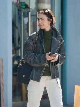 London 2026 black leather jacket with clean Lily Collins-inspired outerwear style.