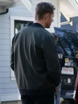 Justin Hartley bomber jacket with green color and clean front styling.