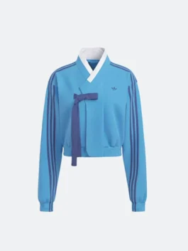 Front view of the TWICE x Adidas Hanbok Blue Fusion Jacket.