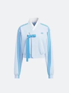 Front view of the TWICE x Adidas Hanbok Light Blue Fusion Jacket.