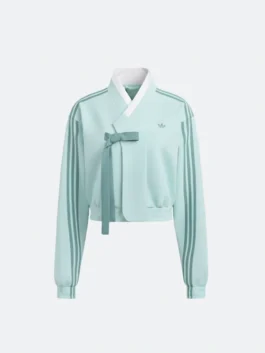 Front view of the TWICE x Adidas Hanbok Mint Green Fusion Jacket.