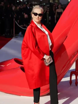 Meryl Streep red satin long coat with luxe celebrity fashion appeal.