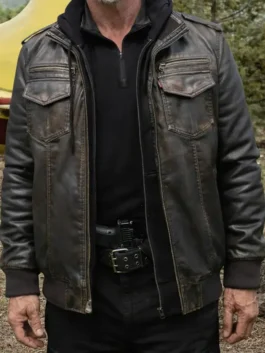 Josh Brolin black leather bomber jacket with classic action-inspired outerwear appeal.