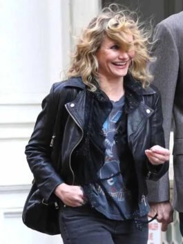 Cameron Diaz movie black leather jacket with bold fitted silhouette and clean styling.
