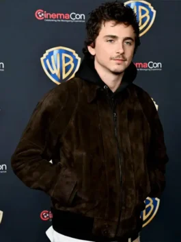 Close-up of the soft texture and front zipper of a celebrity-inspired suede jacket.