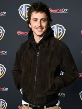 Timothee Chalamet wearing a premium suede jacket at a Cinemacon event.