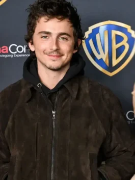 Timothee Chalamet-inspired streetwear featuring a sleek suede jacket and hoodie.