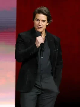 Tom Cruise-inspired formal attire featuring a tailored suede leather blazer.