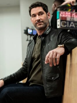Tom Ellis black leather jacket with clean front design and bold screen style.