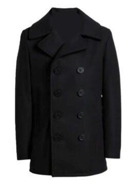 Tom Ellis black wool peacoat with clean front shape and classic coat style.