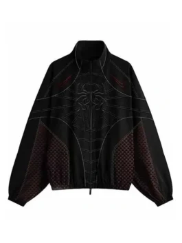 Tom Holland movie jacket with black color and sharp front styling.