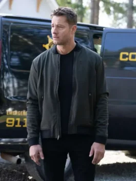 Justin Hartley green bomber jacket inspired by Tracker Season 3 look.