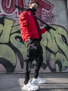 Side profile of the Universe XB-03 Red Bomber Jacket.