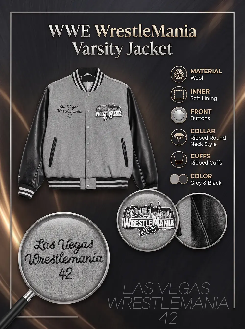 Promotional product infographic for the WWE WrestleMania Varsity Jacket, showcasing a grey wool letterman jacket with black leather sleeves and commemorative Las Vegas WrestleMania 42 embroidery.