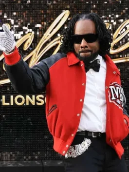 Wale event varsity jacket with clean front design and celebrity fashion look.