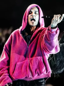 Front view of Coachella Justin Bieber Pink Hoodie in oversized pink pullover style with a relaxed fit