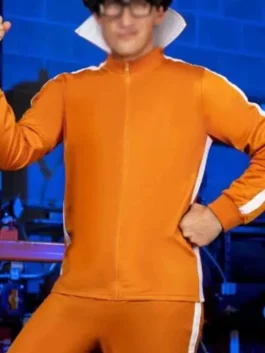 Front view of Despicable Me Vector Costume in orange featuring the signature character-inspired track jacket style