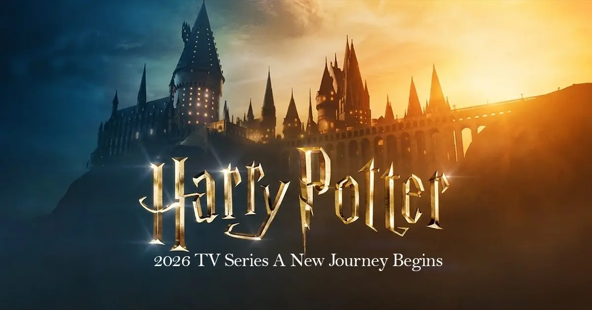 Harry Potter 2026 TV series official banner showing Hogwarts castle at dawn, new HBO series premieres Christmas Day