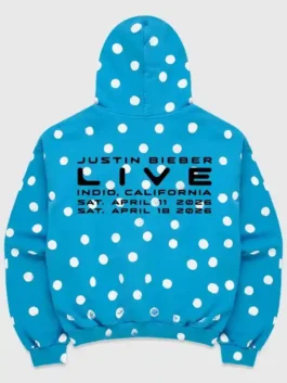 Back view of Justin Bieber Skylrk White Spot Hoodie in blue showing the white spot pattern and soft shape