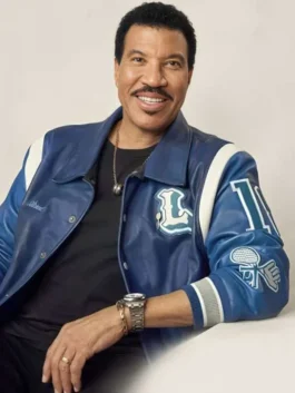 Close-up of Lionel Richie blue varsity jacket with sleeve patches and front logo detail