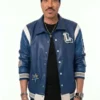 Front view of Lionel Richie American Idol blue varsity jacket with button closure and letter patches