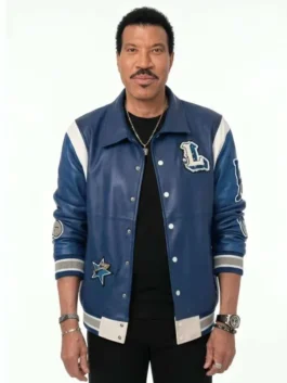 Front view of Lionel Richie American Idol blue varsity jacket with button closure and letter patches