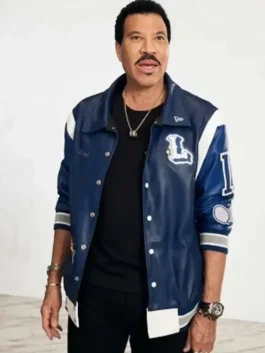 Side front view of Lionel Richie blue varsity jacket with button closure and sleeve patch accents