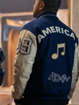 Back view of Luke Bryan American Idol 2026 varsity jacket with blue wool body and music patch detail