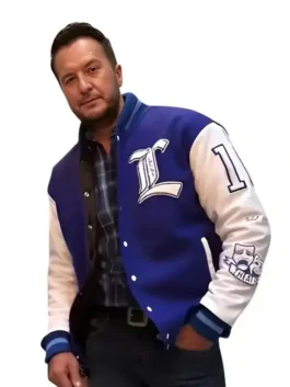 Front view of Luke Bryan American Idol blue varsity jacket with button closure and leather sleeves