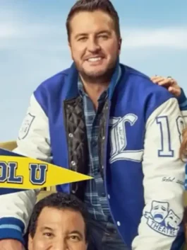 Luke Bryan American Idol varsity jacket shown in group style image with blue and white letterman design