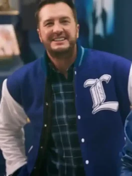 Luke Bryan wearing blue American Idol varsity jacket with shirt collar and classic letter patch