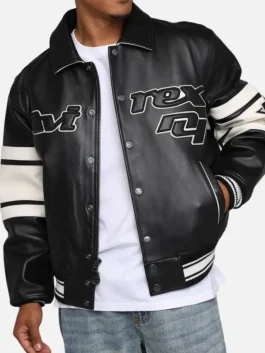 Angled view of AVIREX Brooklyn black leather jacket with front graphics and striped sleeve details