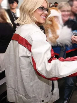 Back view of Sydney Sweeney white biker jacket with red racing stripes and oversized leather fit